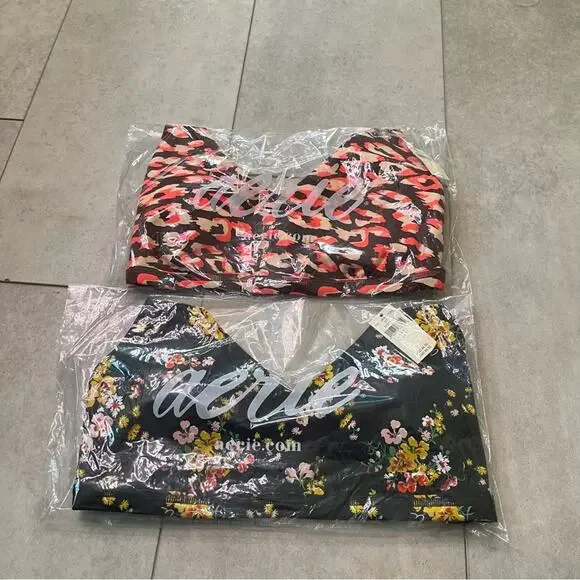 NWT Aerie Offline Goals Plunge Sports Bra 2 Pack Maroon Black Floral Small Mesh - Picture 16 of 16